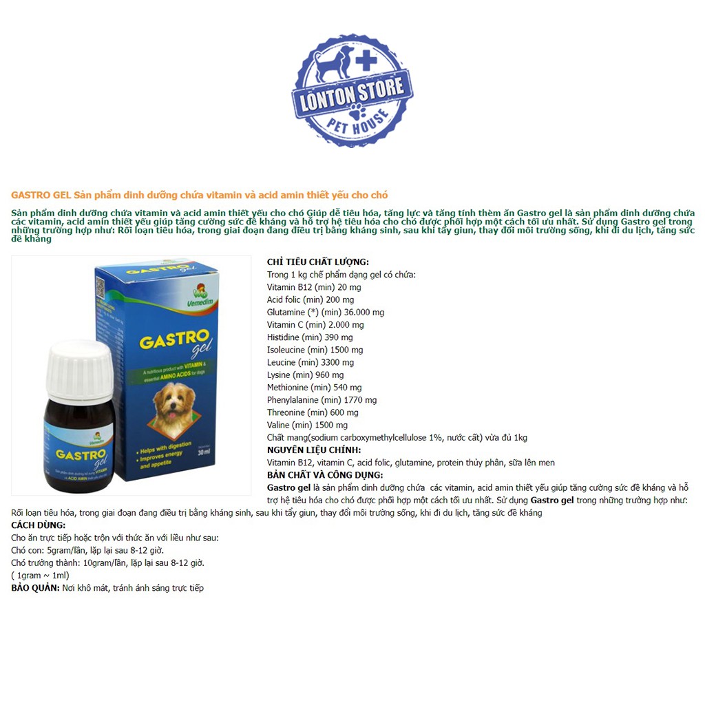VEMEDIM Gastro Gel - Gel Thức Ăn Dinh Dưỡng Giúp Hồi Phục Hệ Tiêu Hóa Cho Chó, 30ml - Lonton Store