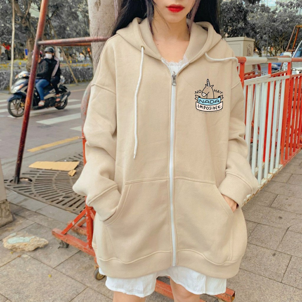 Áo Khoác Khóa Nỉ Nữ Kiểu Dáng Hoodie Mũ Túi Bo Tay Gấu In Logo Ngựa 1 Sừng NADA Mặc Đi Chơi Đi Học