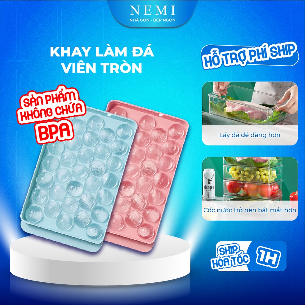 Khay Làm Đá Silicon 33 Viên Tròn To Có Khuôn Có Nắp Đậy Thông Minh Chất Liệu Nhựa PP An Toàn