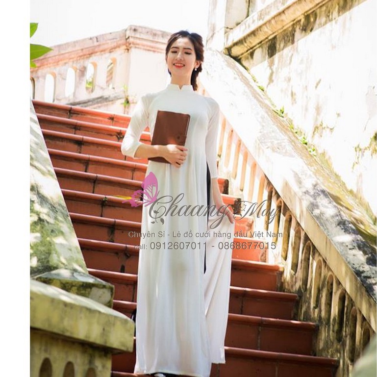 Bộ áo dài trắng học sinh_Chaang_May sẵn áo dài 4 tà nữ sinh, Vải áo dài Chiffon