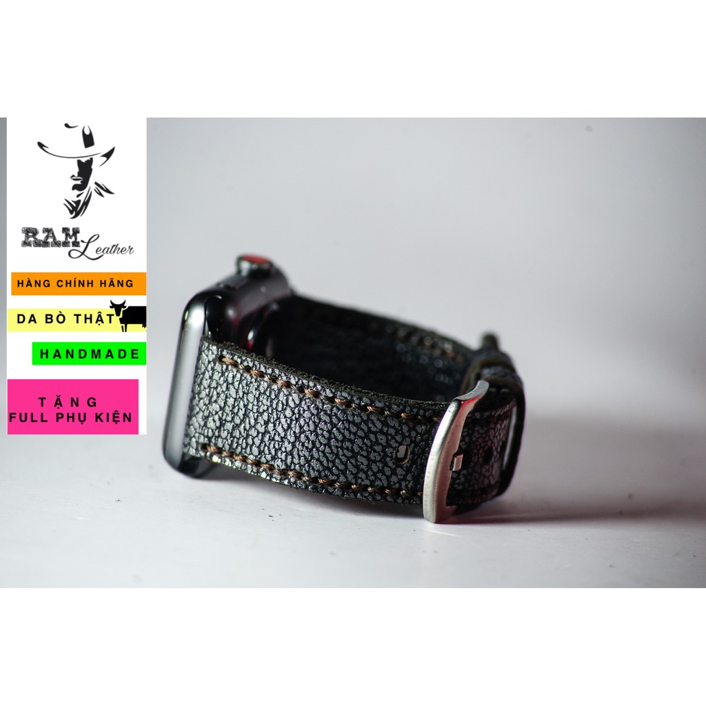 Dây Apple Watch , iWatch , iphone Watch da bò vân cá mập vintage RAM Leather classic 1956 đen thép