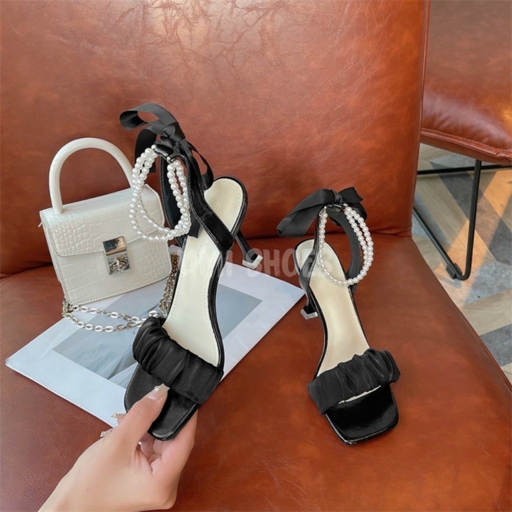 [NOWSHIP-LOẠI 1] Giày Cao Gót Nữ Đế Nhọn Quai Ngọc Soàn Voan Thắt Nơ 7 phân, Sandal dáng Guốc Nữ hottrend Mới Xinh Đẹp