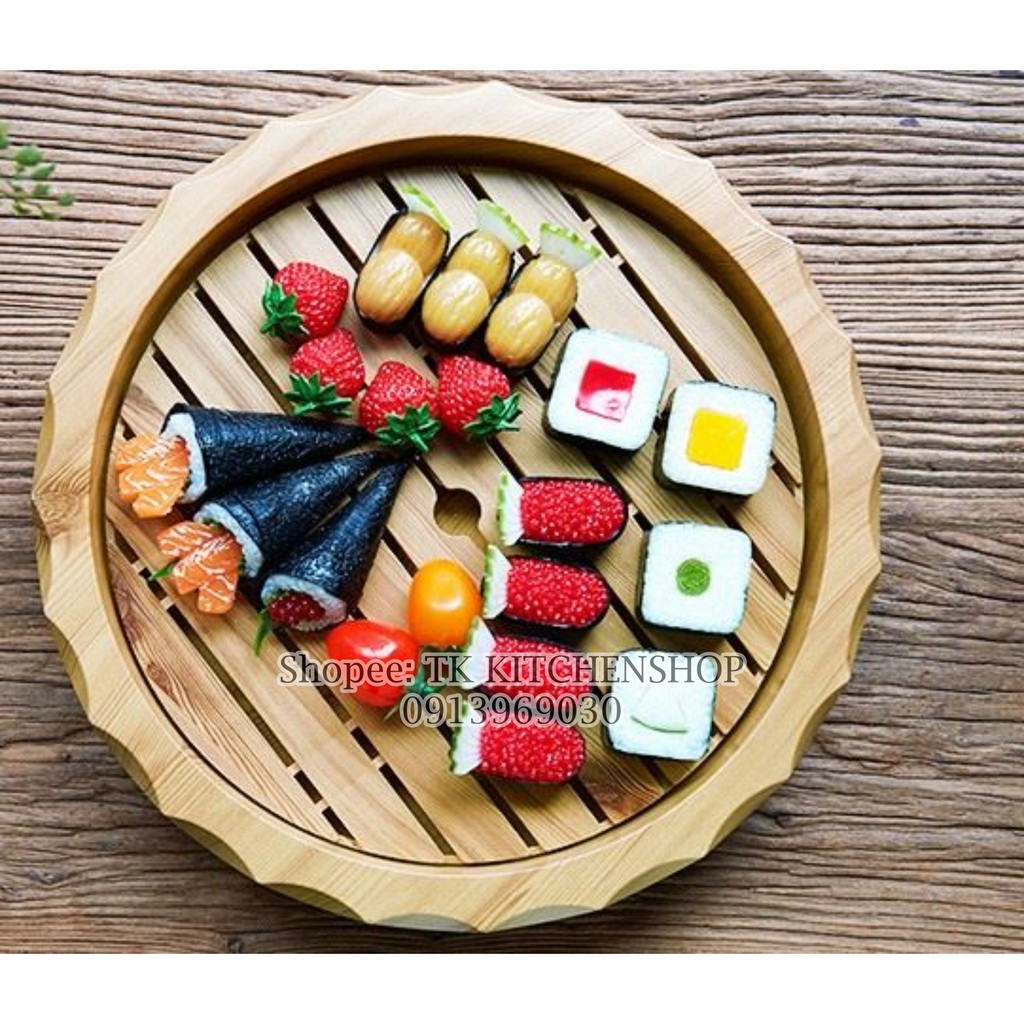 Khay bày sushi, sashimi vân gỗ hình tròn 3 kích cỡ, khay nhựa chịu nước chất liệu ABS bền đẹp có kèm vỉ lót ngăn đá