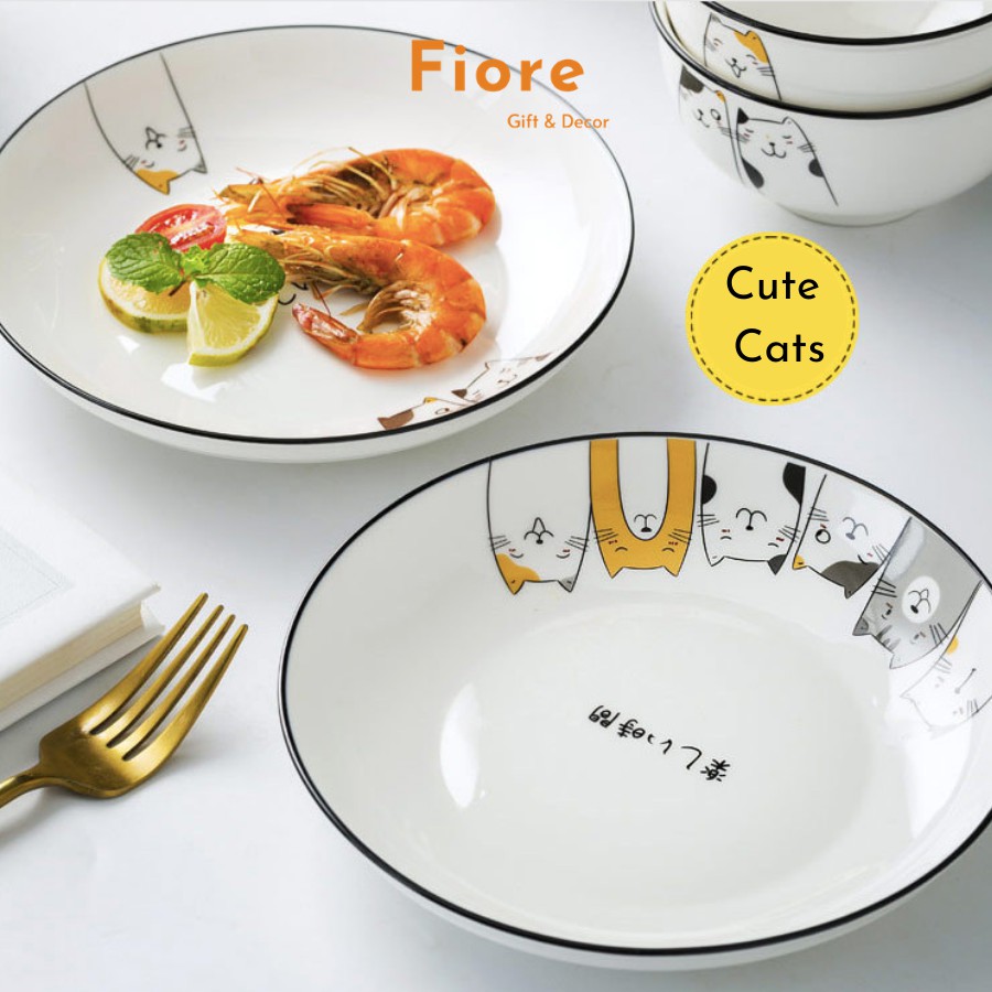 Bộ bát đĩa sứ - bộ bát 35 món họa tiết mèo xinh xắn - cho gia đình 6 người - có hộp đẹp