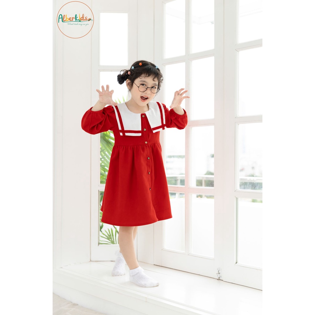 Váy bé gái ALBERKIDS tay dài đỏ nhung tăm phối cổ trắng xinh đẹp cho trẻ em gái từ 2,3,4,5,6,7,8,9,10,11,12 tuổi [V35]