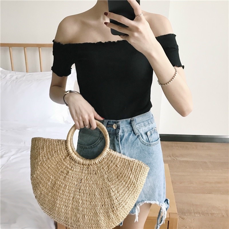 ÁO CROPTOP TRỄ VAI TAY NGẮN Kèm Ảnh Thật- Chizi Shop