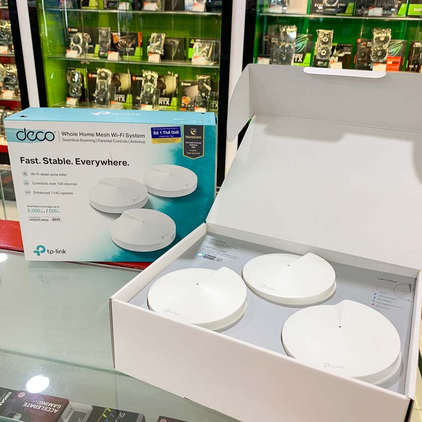 Bộ phát wifi mesh TP-Link Deco M5 3-Pack, ung cấp vùng phủ sóng Wi-Fi lên đến 500 mét vuông