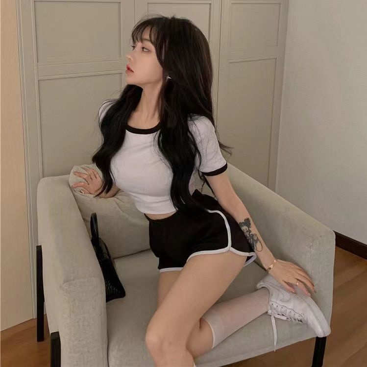 Jiashucheng Set Đồ Thể Thao Màu Sắc Tương Phản Gồm Áo Thun Tay Ngắn + Quần Short Thời Trang Mùa Hè Cho Nữ
