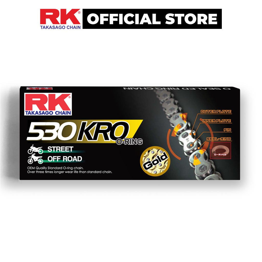 Sên xe phân khối lớn RK Takasago chain mã GB-530-KRO, màu vàng, phốt cao su O-ring, kích thước 530, 120 mắc sên