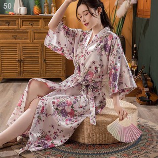 Váy ngủ giả lụa kéo dài áo in nhỏ kiểu Nhật choàng tắm kimono mùa hè Nữ mỏng mặc nhàU