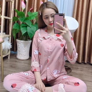 Đồ Bộ Pijama Họa Tiết Đẹp Tay Dài Quần Dài Vải Kate Lụa Mềm Mịn Phối Viền Siêu Xinh, Đồ Bộ Ngủ Nữ Dễ Thương  MS033