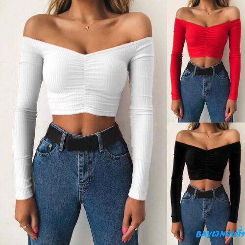 Áo thun crop top lệch vai tay dài giản dị ôm dáng cho nữ | BigBuy360 - bigbuy360.vn