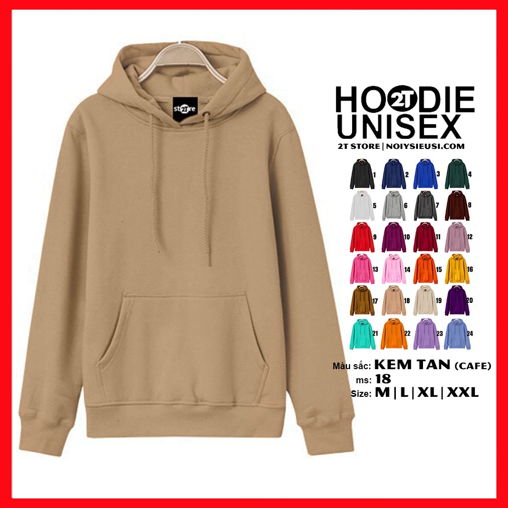 ÁO NỈ BÔNG CÓ NÓN HOODIE TRƠN TÚI TRƯỚC UNISEX (KEM TAN)