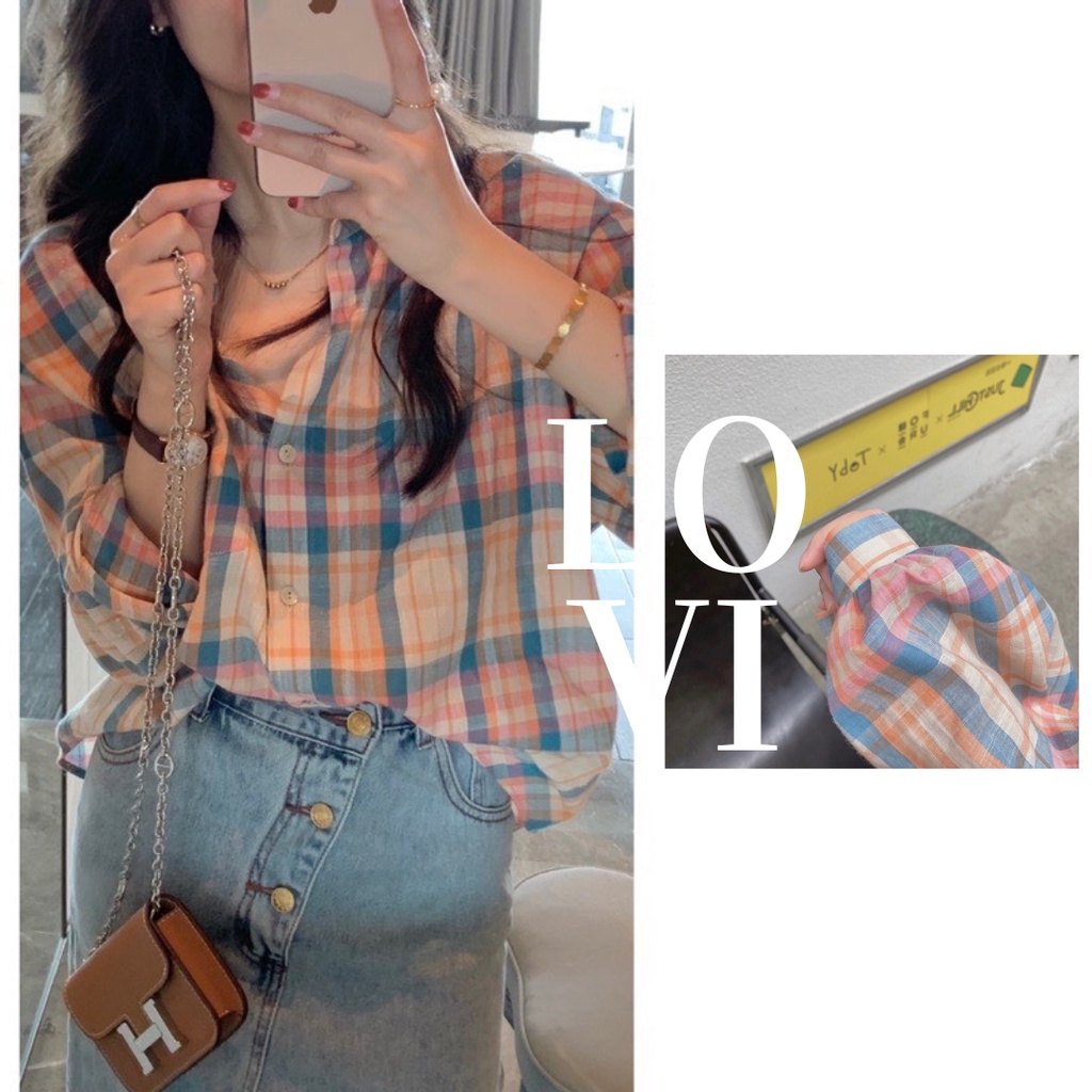 LOVI SHOP- Áo sơ mi caro cánh dơi form rộng Hồng Xanh
