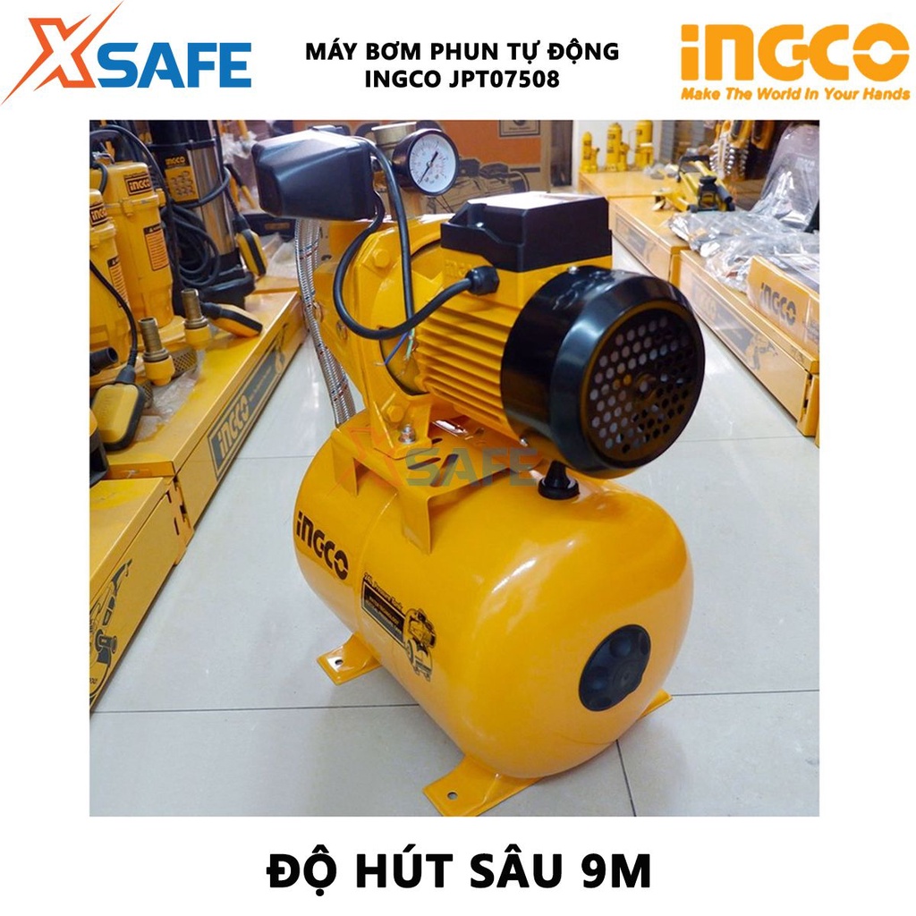 Máy bơm phun tự động INGCO JPT07508 Máy bơm nước công suất 750W, chiều cao bơm tối đa 45m, chất liệu cao cấp bển bỉ