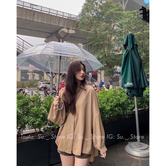 Áo sơ kiểu kiểu nữ Anhribi, Áo sơ mi lụa cổ đức tay bồng dáng dài cách điệu phong cách đơn giản