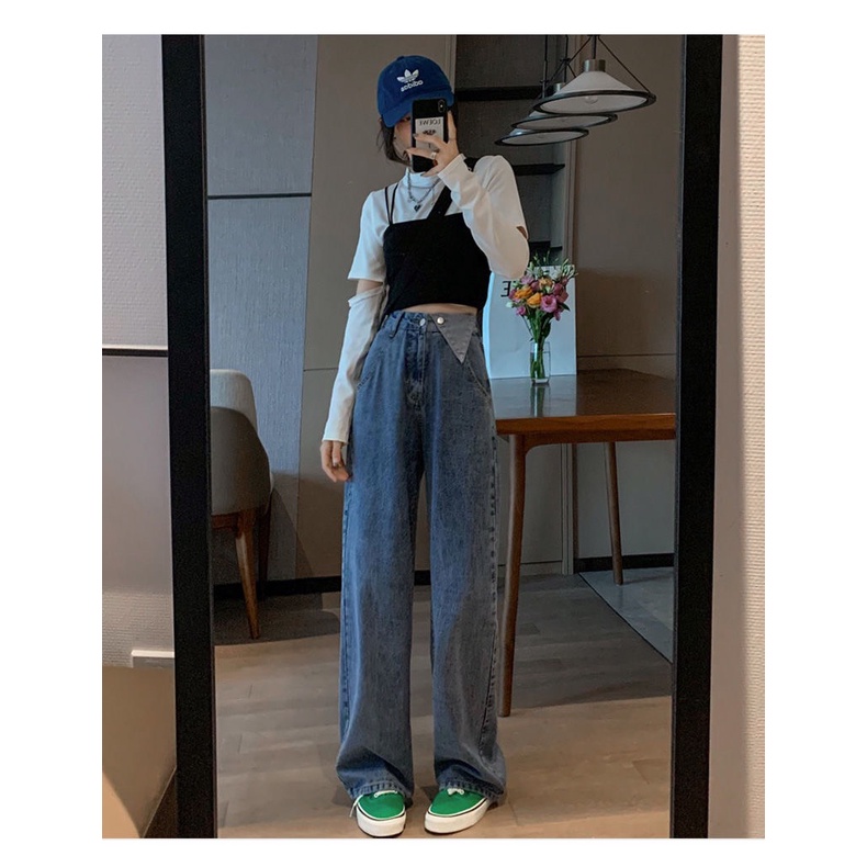 Quần jeans unisez lưng cao ống đựng rộng thiết kế vạt tam giác lưng quần UZZANG thời trang giới trẻ Hàn Quốc