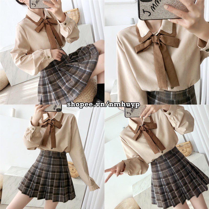 Áo sơ mi tay dài kèm nơ phong cách retro Hàn Quốc