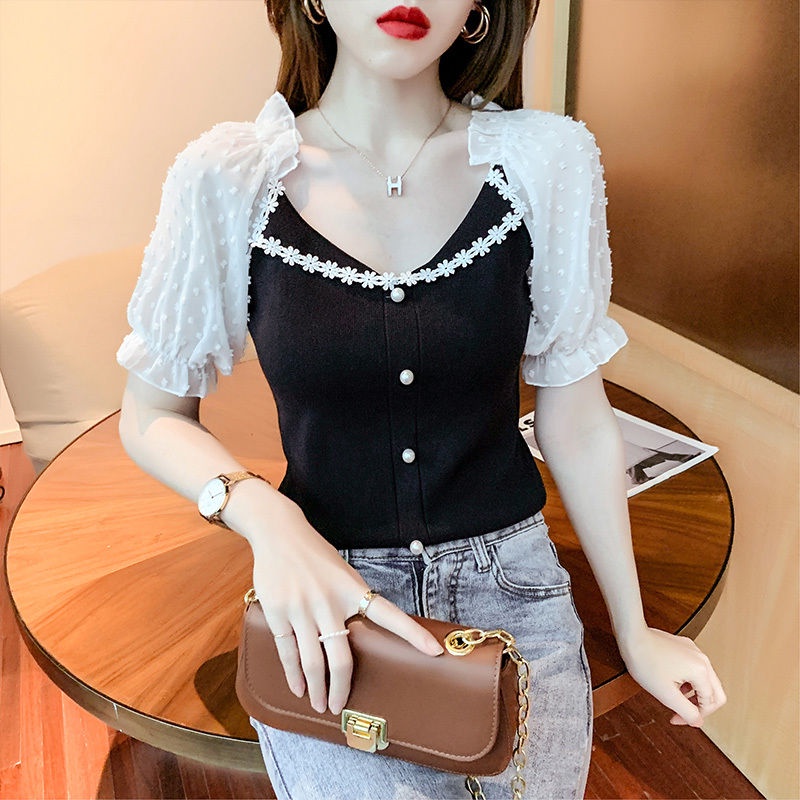 Áo Thun Dệt Kim Ngắn Tay Cổ Vuông Phối Ren Thời Trang Mùa Hè Cho Nữ
