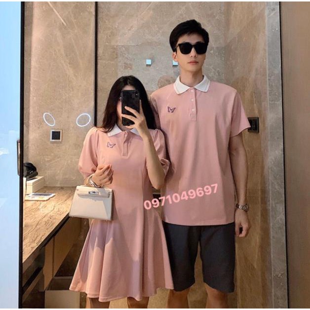 Đồ đôi nam nữ  váy thun hồng thêu bướm kết hợp áo thun nam