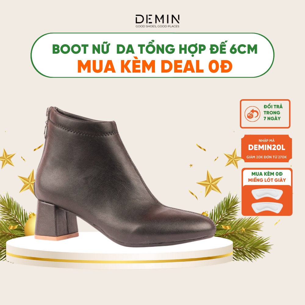 Bốt nữ đẹp DEMIN Boot da lì gót vuông 6cm - DBS034