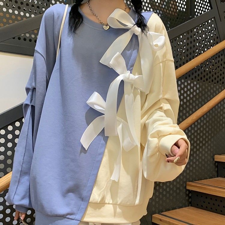 Áo sweater cổ tròn dáng rộng đính nơ màu sắc xinh xắn phong cách cá tính thời trang Hàn Quốc xuân thu cho nữ