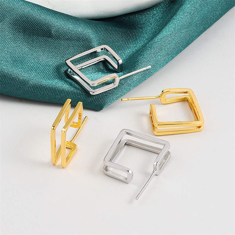 Khuyên Tai Màu Vàng / Bạc Hình Vuông Hai Tầng Phong Cách Cổ Điển Thời Trang Cho Nữ