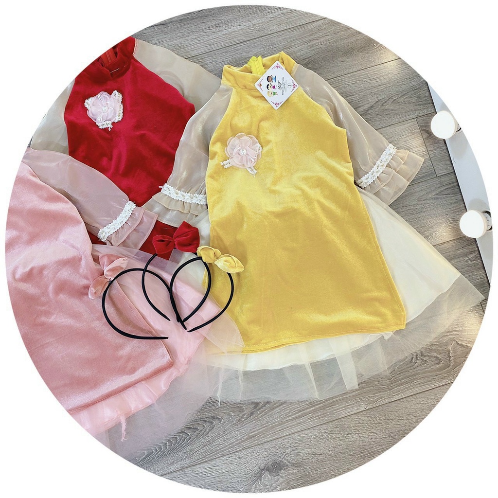 (10-20kg) Set áo dài trẻ em - áo dài nhung tặng kèm bờm nơ xinh cho bé gái QATE843