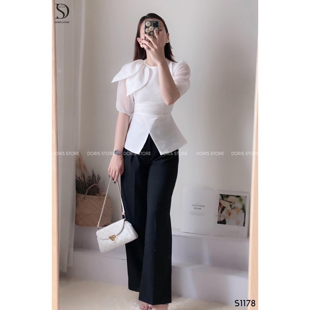 Áo sơ mi công sở nữ dáng peplum ôm người vải tơ xước cổ lá nhọn