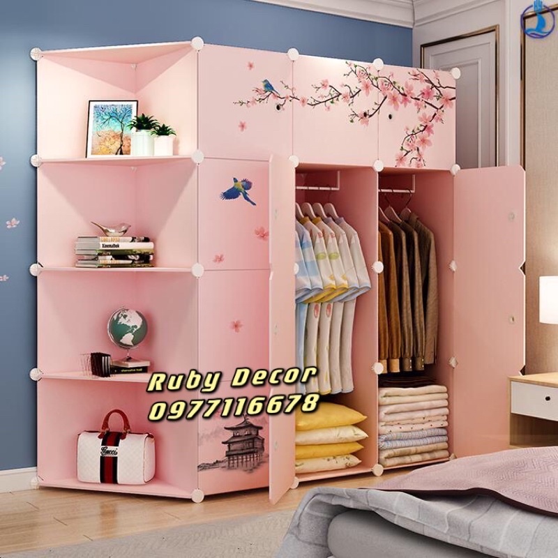 TỦ NHỰA ĐỰNG QUẦN ÁO 12 Ô &amp; 4 KỆ GÓC LẮP GHÉP CÓ NGĂN TREO QUẦN ÁO SIZE TO SÂU 47cm. Tặng 2 treo quần áo