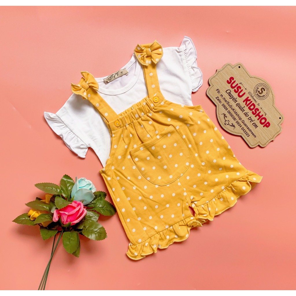 SIZE 1-6 (8-18KG) ĐỒ BỘ BÉ GÁI ÁO TAY NGẮN QUẦN ĐÙI GIẢ YẾM THUN COTTON CHẤM BI