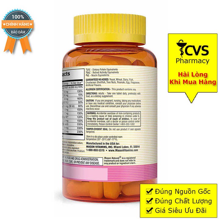 Mason Natural Masonatal Prenatal Formulation - Vitamin tổng hợp cho phụ nữ mang thai, cho con bú