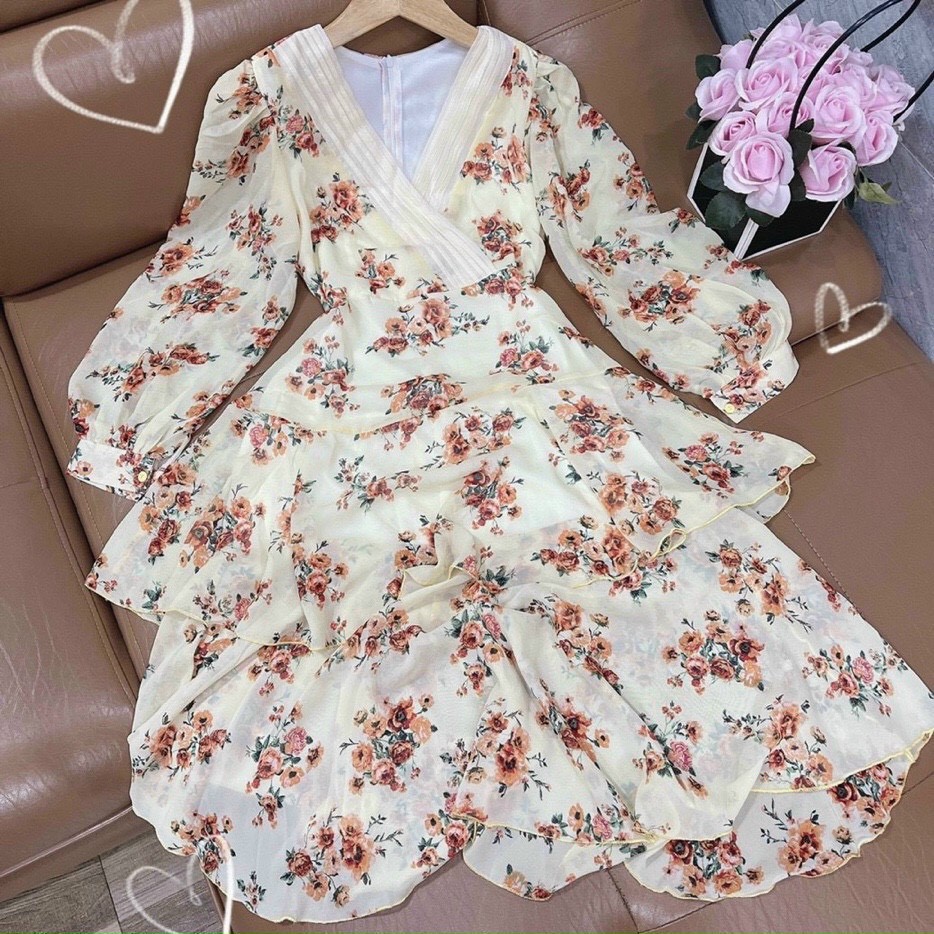 Đầm hoa vintage dáng dài ôm eo, thiết kế maxi cổ V tay bồng, phong cách retro VD014 | BigBuy360 - bigbuy360.vn