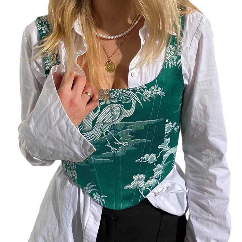 Xiangbao Áo Nịt Định Hình Cơ Thể Không Tay In Hình Đám Mây Phong Cách Retro Đường Phố Cho Nữ