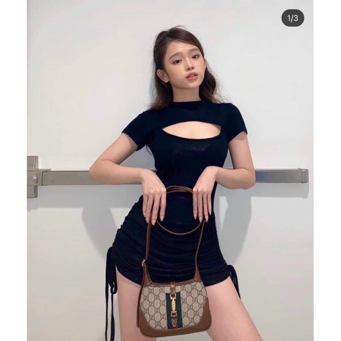 Váy hở ngực rút eo body cộc tay nữ - Đầm trơn khoét ngực dáng cộc sexy cá tính ulzzang HOT