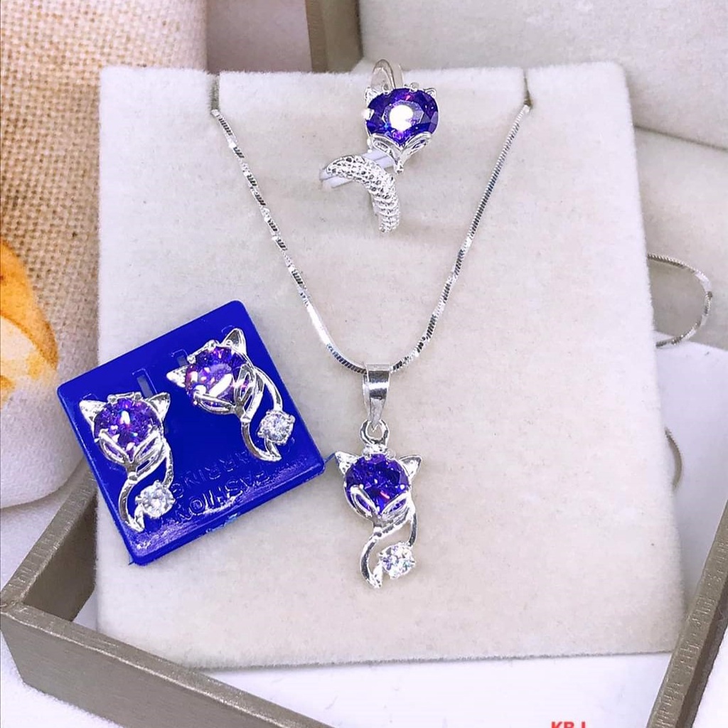 Sét trang sức hồ ly gắn đá phong thủy gồm dây chuyền nhẫn và bông tai, chất liệu bạc ta sang trọng nữ tính