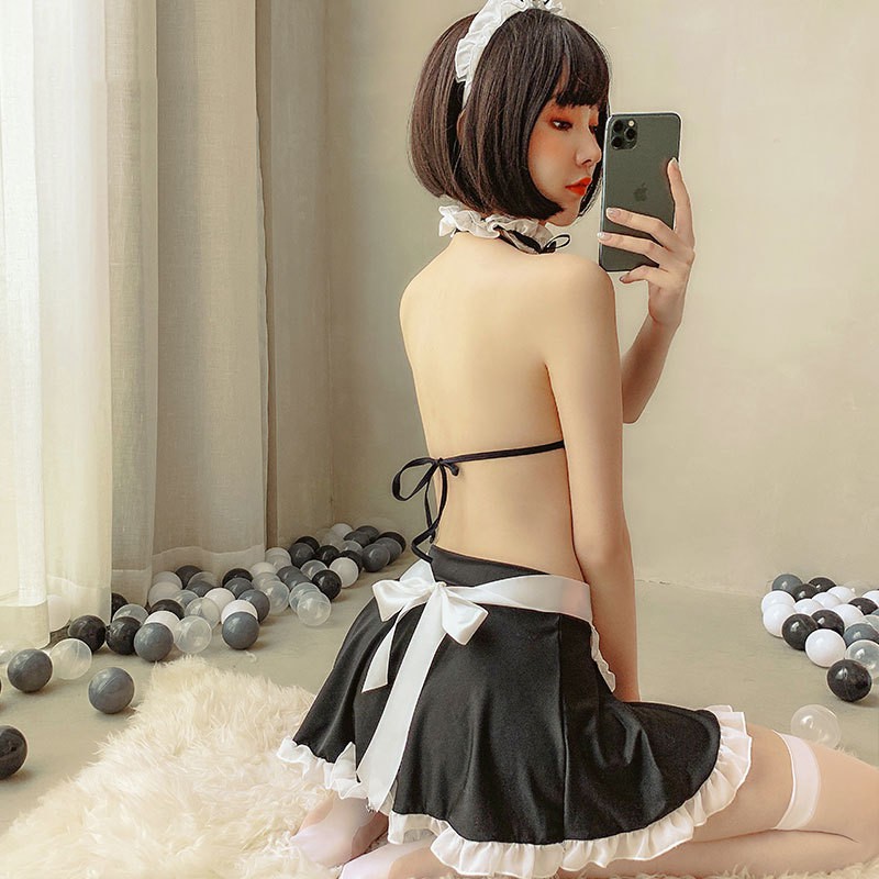 Đồ ngủ sexy cosplay hầu gái bikini đen nơ cổ cao cấp gợi cảm quyến rũ + quần chip G-string