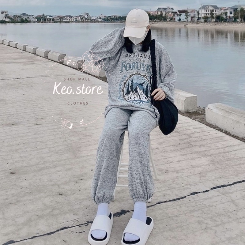 Đồ bộ nữ, Set đồ dài tay màu xám chất nỉ mùa đông phong cách Hàn Quốc Ulzzang dành cho nữ dáng unisex thể thao cá tính