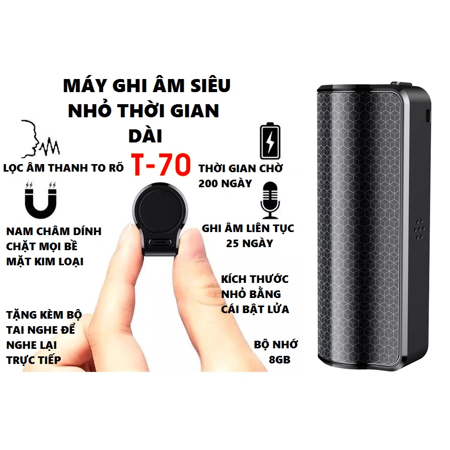 Máy ghi âm cao cấp T-70 Cực kỳ to rõ Pin khủng ghi âm 25 ngày liên tục Bộ nhớ 8GB 32GB - Bảo hành 12 tháng