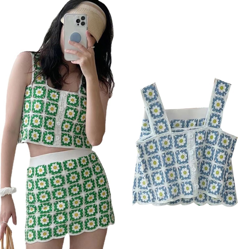 Bộ Áo Tank Top Khoét Lỗ + Chân Váy Phong Cách Boho Thời Trang Mùa Hè Cho Nữ