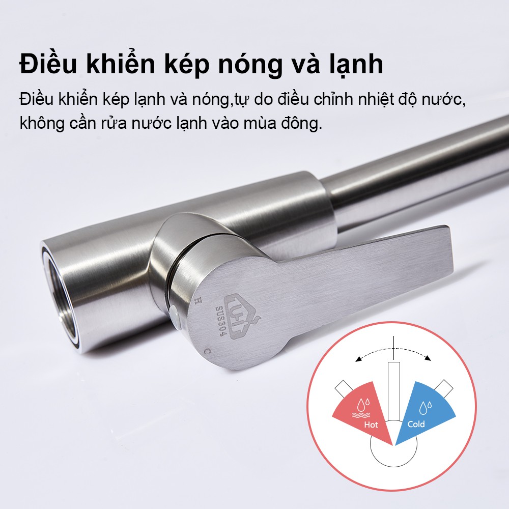 Vòi rửa chén nóng lạnh U-HOME Vòi Rửa Chén Bát Nóng Lạnh Inox 304 Cần Bẻ Lò Xo quay 360 SK30-203