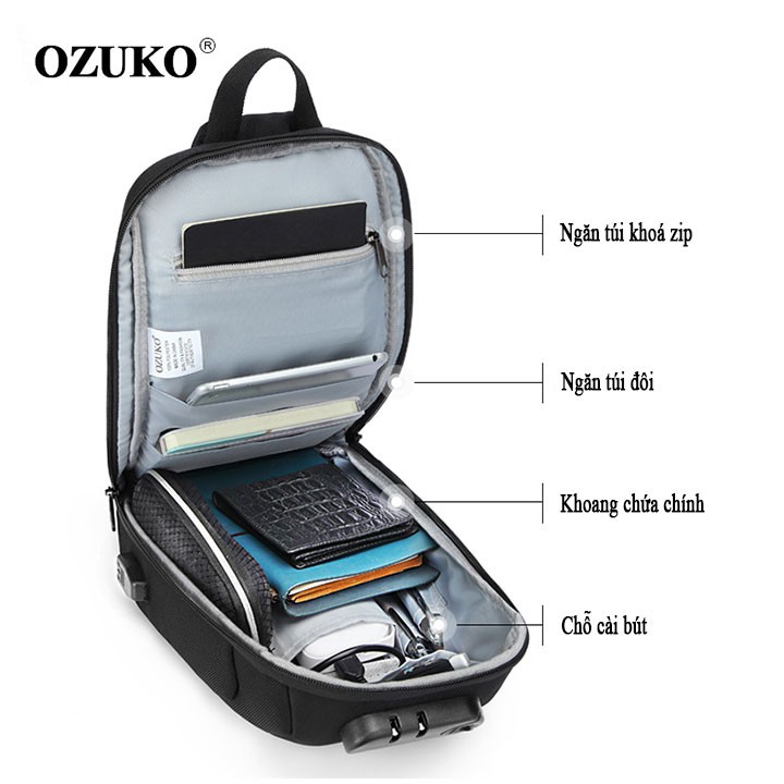 Túi đeo chéo chất liệu vải dù, thương hiệu Ozuko, có khoá chống trộm MS 9223