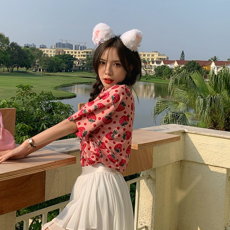 Áo Sơ Mi Nữ Tay Ngắn Dáng Rộng In Hình Quả Dâu Phong Cách Hàn Quốc