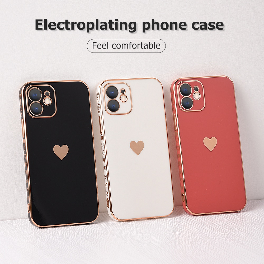 Ốp Điện Thoại Vuông Mềm Mạ Viền Hình Trái Tim Bảo Vệ Ống Kính Máy Ảnh Cho iPhone 11 12 13 Pro Max 7 8 Plus