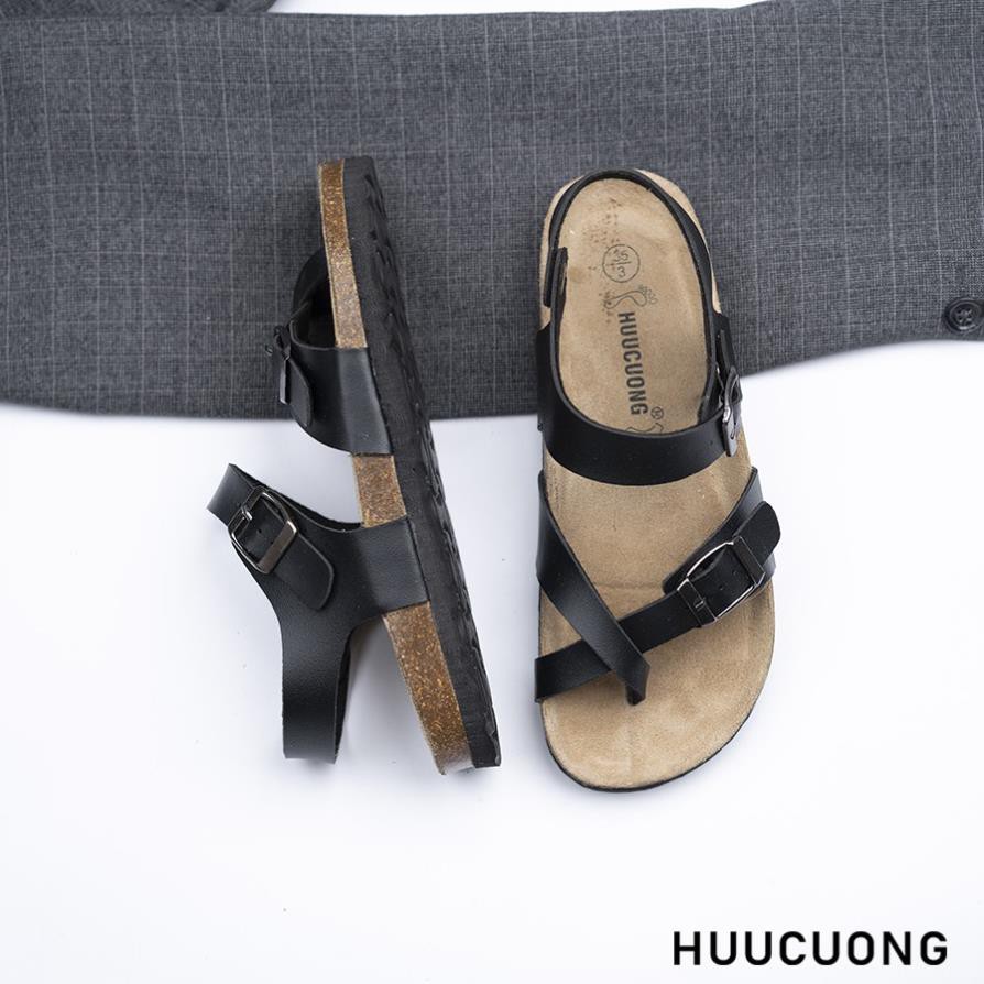 Giày Sandal Unisex Huucuong xỏ ngón màu đen đế trấu