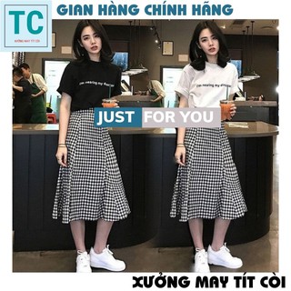 Set áo thun kèm chân váy caro midi cực vintage ,cực cá tính xưởng may tít còi