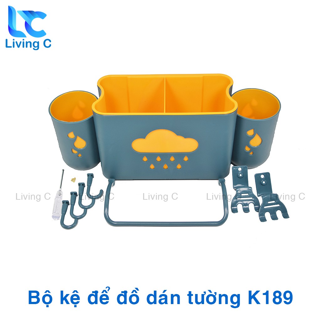 Kệ để đồ phòng tắm Living C, giá kệ để đồ phòng tắm dán tường đa năng đựng bàn chải kem đánh răng + 2 cốc đánh răng K189