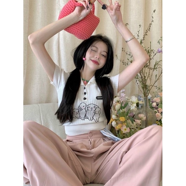 Áo thun croptop cổ bẻ gài nút hai màu 💕💕💕💕GB alohashop91