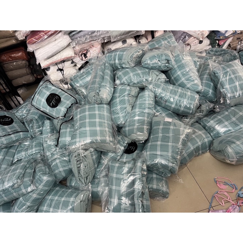 Bộ chăn ga gối đũi Hàn Quốc, sét 4 món chăn Trần hè ga gối đũi kẻ xanh cao cấp