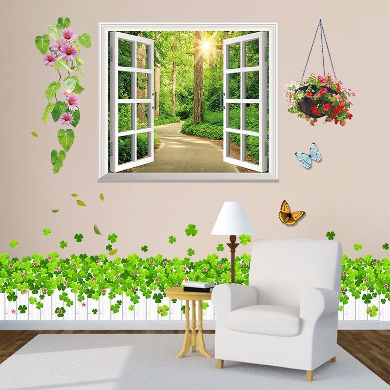 Decal dán tường cửa sổ và chân cỏ may mắn